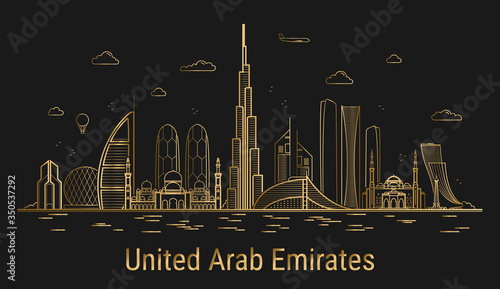 United Arab Emirates city line art, golden architecture vector illustration, skyline city, all famous buildings.