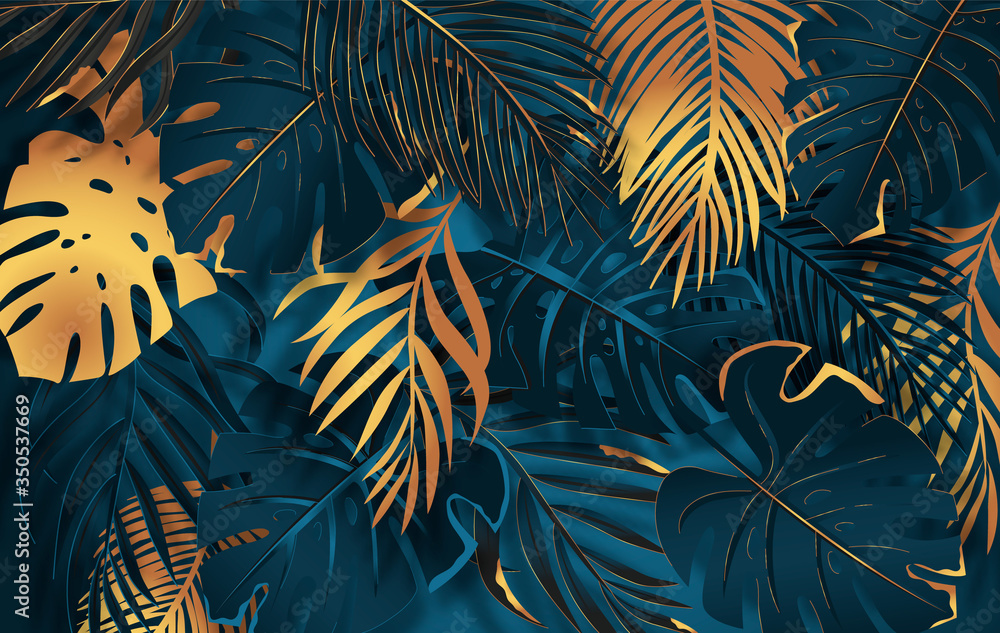 Fototapeta Gold and dark vector turquoise tropical leaves on dark background. Exotic botanical background design for luxury brands.