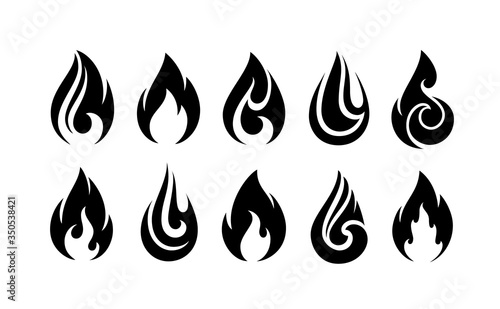 Fire flames, set vector icons isolated on white background. Abstract fire flames logo or emblem.