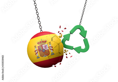 Green recycle symbol crashing into a Spain flag ball. 3D Rendering
