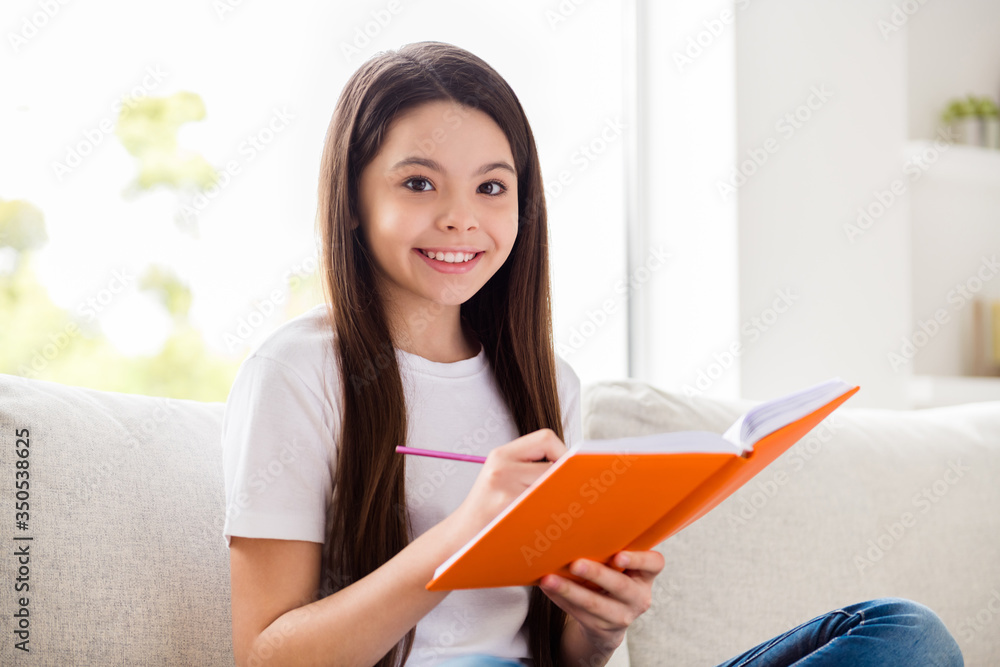 Closeup photo of small pretty pupil school girl lady writing copy book homework sit sofa homey domestic distance quarantine home studying comfortable living room indoors Closeup photo of small pretty pupil school girl lady writing copy book homework sit sofa homey domestic distance quarantine home studying comfortable living room indoors