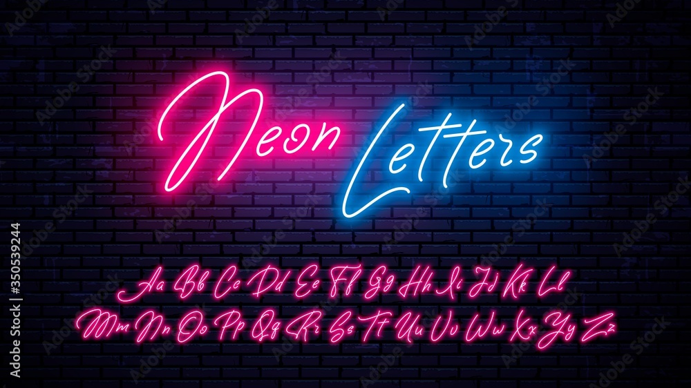 Neon handwritten letters. Glowing red font, isolated on wall background. Modern vector neon letters set.