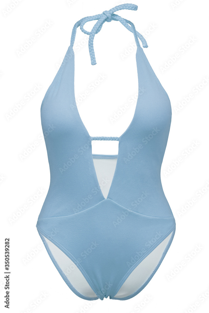 Detailed shot of a pale blue one-piece swimsuit with a thin cord on the deep V-neckline. The fashion swimming suit with neck tying is isolated on the white background. Detailed shot of a pale blue one-piece swimsuit with a thin cord on the deep V-neckline. The fashion swimming suit with neck tying is isolated on the white background.