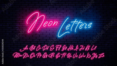 Neon handwritten letters. Glowing red font, isolated on wall background. Modern vector neon letters set.