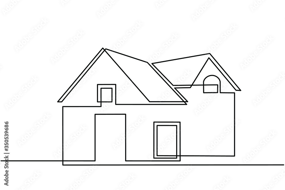 Continuous line drawing of exterior appearance of the front of the house with a roof. Modern