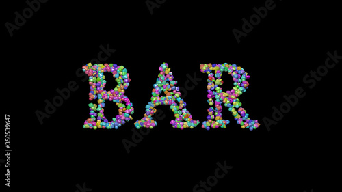 bar: 3D illustration of the text made of small objects over a black background with shadows