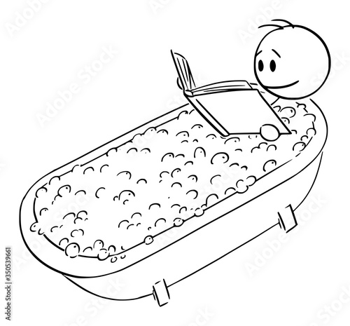 Vector cartoon stick figure drawing conceptual illustration of man reading book or studying while taking bath in bathroom.
