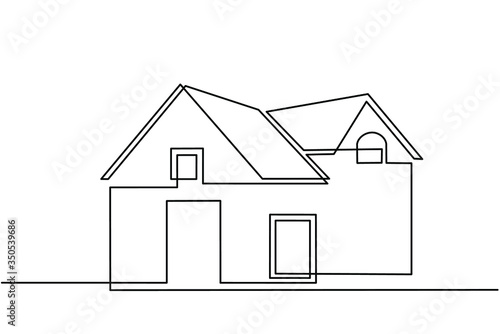 Continuous line drawing of exterior appearance of the front of the house with a roof. Modern. Townhouse building apartment. Home facade with doors and windows. house, roof, real estate