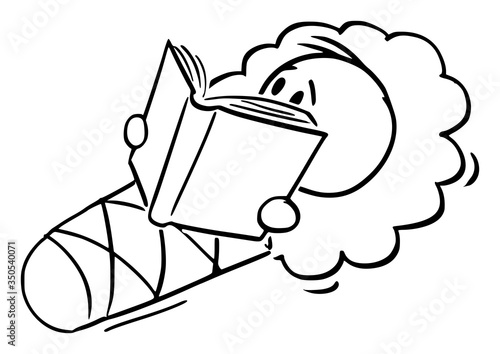Vector cartoon stick figure drawing conceptual illustration of wrapped baby in wrap or swaddle blanket holding, reading or studying book.