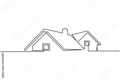 Continuous line drawing of exterior appearance of the front of the house with a roof. Modern. Townhouse building apartment. Home facade with doors and windows. house, roof, real estate