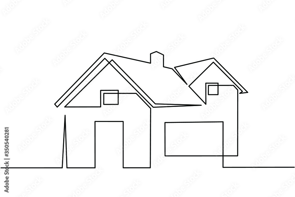 Continuous line drawing of exterior appearance of the front of the house with a roof. Modern. Townhouse building apartment. Home facade with doors and windows. house, roof, real estate Continuous line drawing of exterior appearance of the front of the house with a roof. Modern. Townhouse building apartment. Home facade with doors and windows. house, roof, real estate