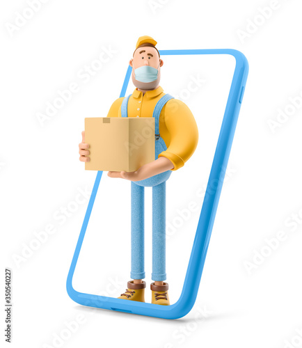 3d illustration. Cartoon character. Deliveryman in overalls standing inside the phone and holds a box with a parcel. Safe online delivery Concept.