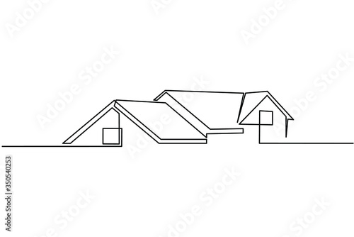 Continuous line drawing of exterior appearance of the front of the house with a roof. Modern. Townhouse building apartment. Home facade with doors and windows. house, roof, real estate