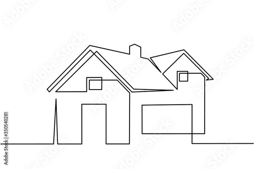 Continuous line drawing of exterior appearance of the front of the house with a roof. Modern. Townhouse building apartment. Home facade with doors and windows. house, roof, real estate