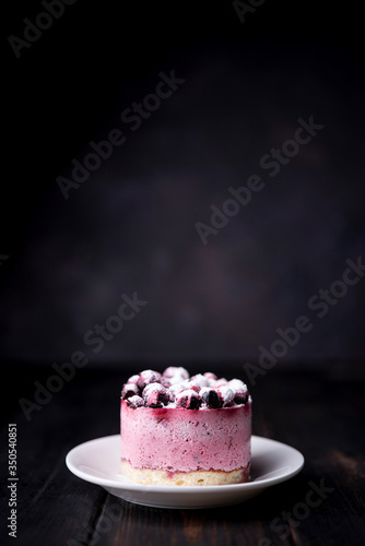 Front view of fruit cake on plate with copy space