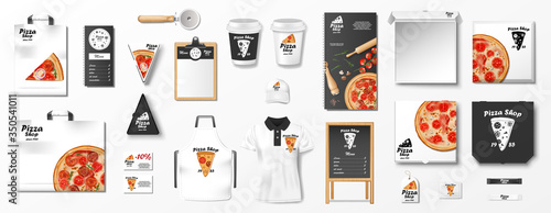 Mockup set for pizzeria, cafe or restaurant. Realistic branding set of pizzeria flyer, uniform, pizza box, menu, cardboard package. Pizza mockup elements Top view. vector illustration