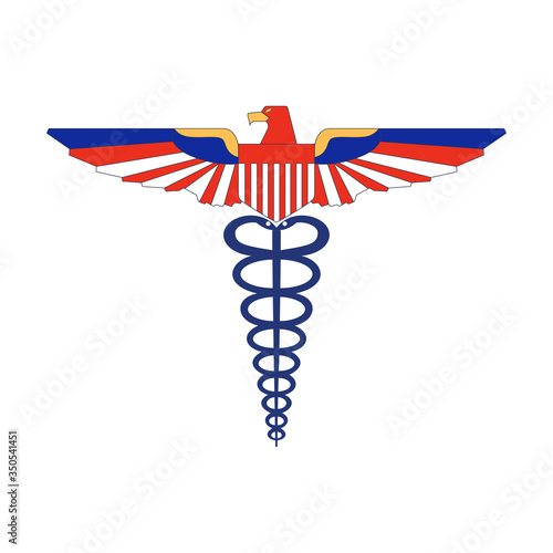 Caduceus medical snake and eagle stylized in the colors of the USA flag, isolated on white background