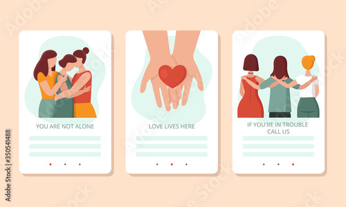 Vector concept of female support in difficult situations.Social problems,domestic and sexual violence against women, victimization,bullying.Landing page,mobile app,banner for site.Cartoon illustration