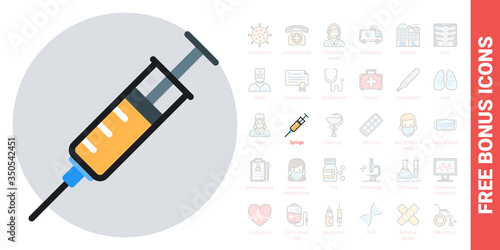 Syringe, medical injection or vaccination concept icon. Simple color version. Free bonus icons kit included