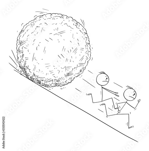 Vector cartoon stick figure drawing conceptual illustration of group of stressed men or businessmen running away from boulder rolling down hill. Financial, social or political concept.