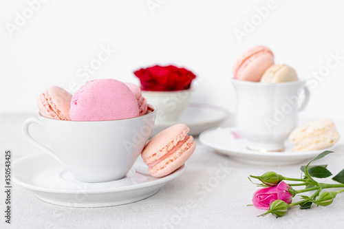 Front view of macarons cups with rose