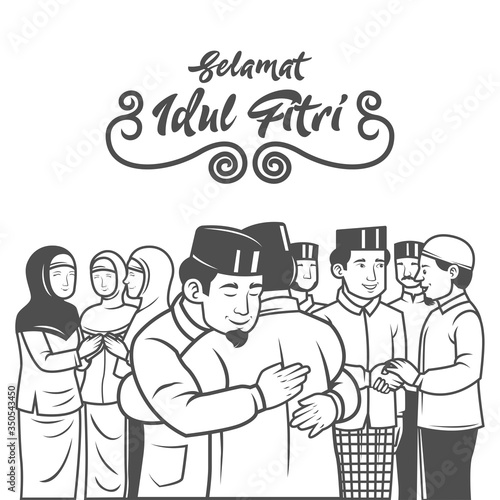 Selamat hari raya aIdil Fitri is another language of happy eid mubarak in Indonesian.muslim people celebrating Eid al fitr with hug each other and apologize each other illustration.