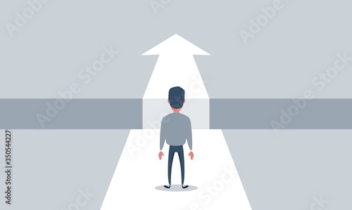 Business challenge and solution vector concept with businessman standing over big gap. Symbol of overcoming obstacles, strategy, analysis, creativity. vector illustration.