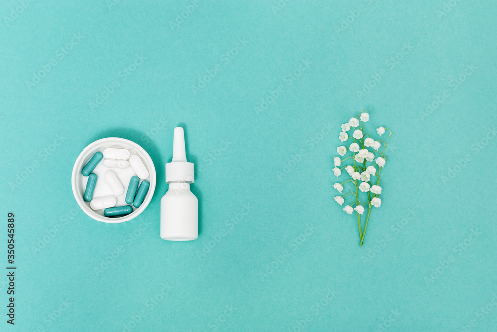 Allergy concept. Nose spray and tablets and capsules against allergies