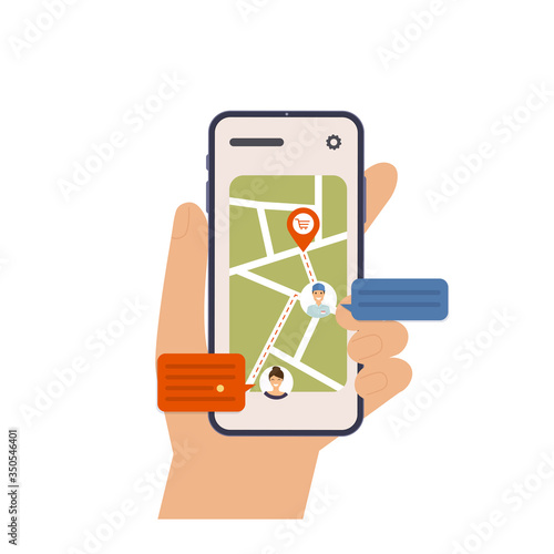 Hand holding mobile smart phone with app delivery tracking. Vector modern flat creative info graphics design on application.
