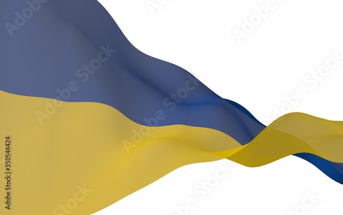 The flag of Ukraine on a white background. National flag and state ensign. Blue and yellow bicolour. 3D illustration waving flag