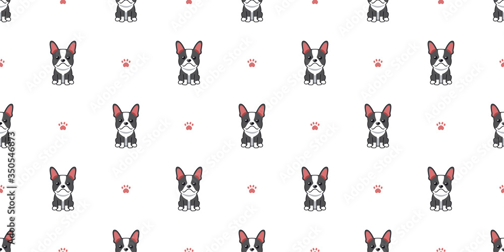 Vector cartoon character boston terrier dog seamless pattern background for design.