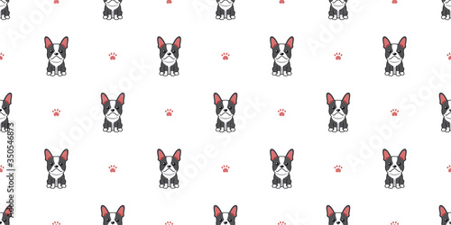 Vector cartoon character boston terrier dog seamless pattern background for design.
