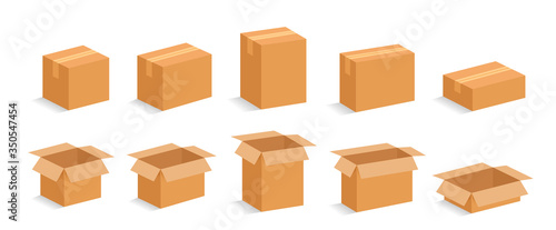 Opened and closed cardboard box. Vector illustration.