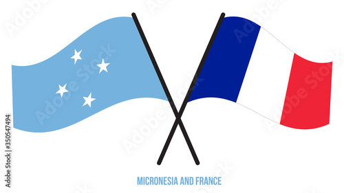 Micronesia and France Flags Crossed And Waving Flat Style. Official Proportion. Correct Colors