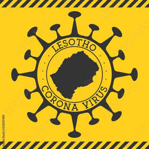 Corona virus in Lesotho sign. Round badge with shape of virus and Lesotho map. Yellow country epidemy lock down stamp. Vector illustration.