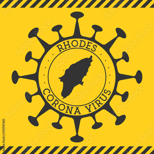 Corona virus in Rhodes sign. Round badge with shape of virus and Rhodes map. Yellow island epidemy lock down stamp. Vector illustration.