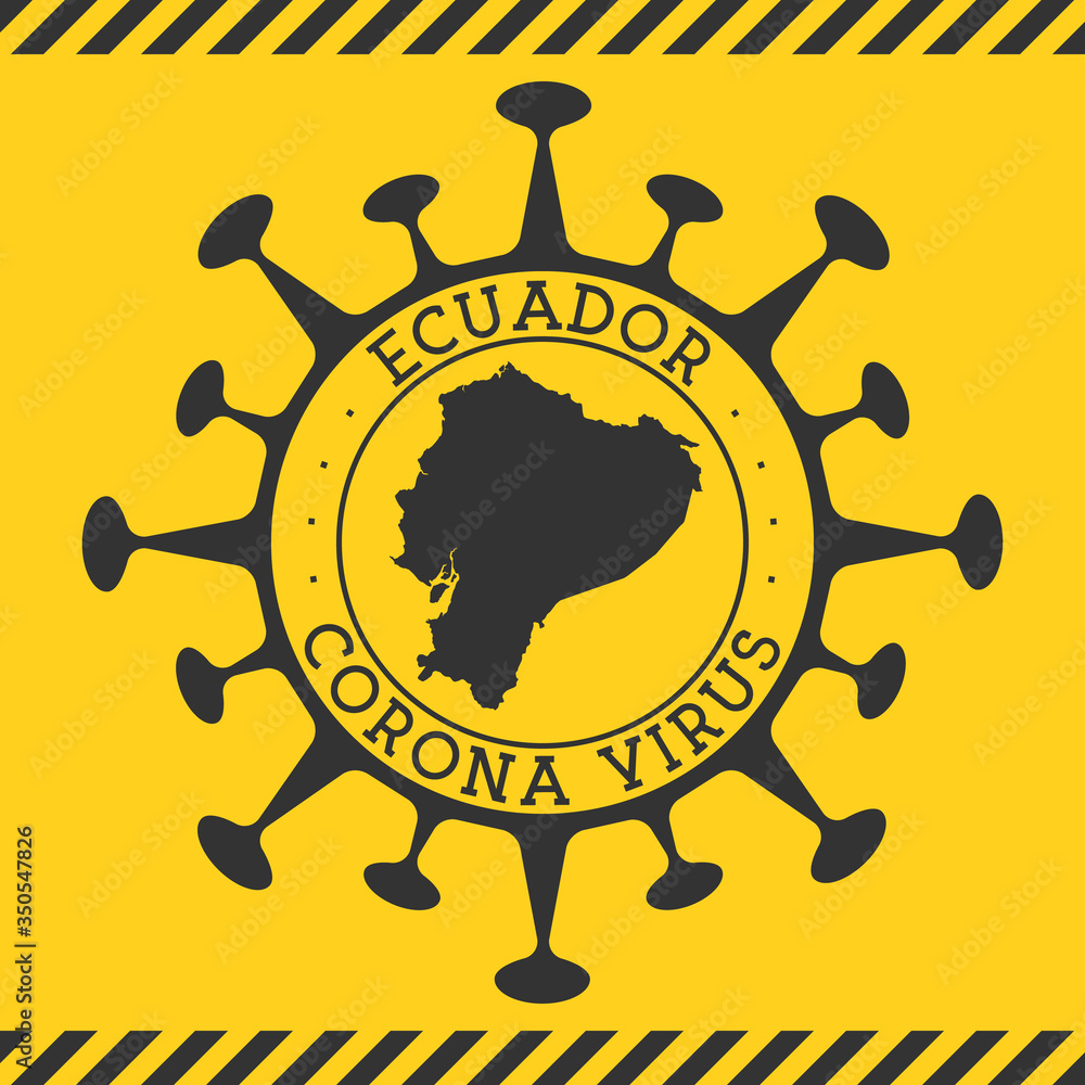Corona virus in Ecuador sign. Round badge with shape of virus and Ecuador map. Yellow country epidemy lock down stamp. Vector illustration.