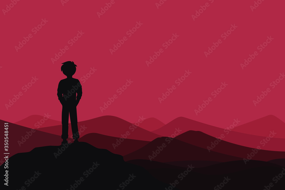 Man silhouette on the mountain top, Dark red, Flat vector design