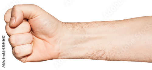 Close-up of male hand gesture and sign isolated over white background