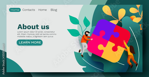 Landing page. Business concept. Team metaphor. people connecting puzzle elements. Vector illustration flat design style. Symbol of teamwork, cooperation, partnership.