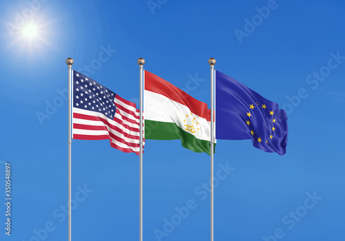 Three realistic flags of European Union, USA (United States of America) and Tajikistan. 3d illustration.