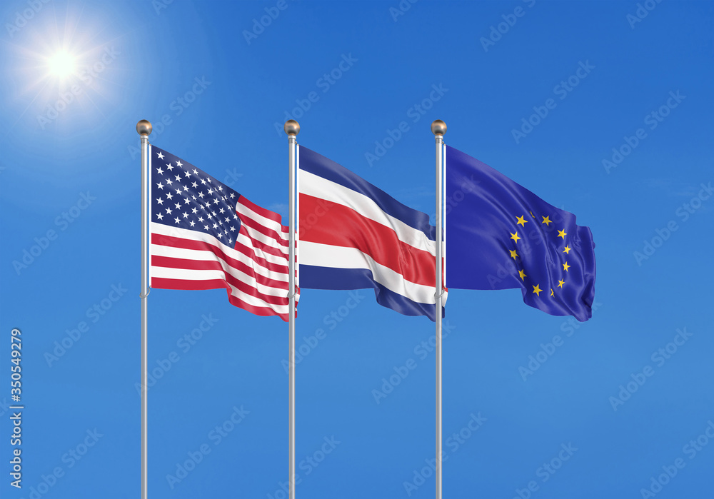 Three realistic flags of European Union, USA (United States of America) and Costa Rica. 3d illustration.