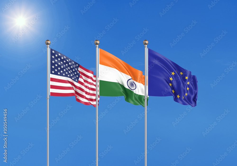 Three realistic flags of European Union, USA (United States of America) and India. 3d illustration.