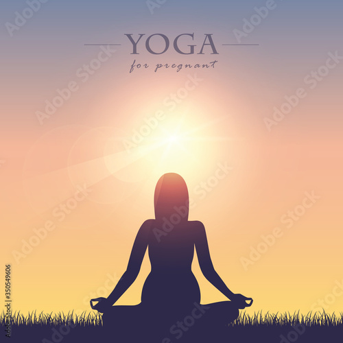 yoga for pregnant women silhouette on summer meadow at sunshine vector illustration EPS10