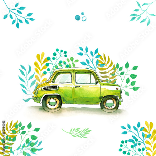 Vintage car  funny watercolor sketch of old retro cars  tender pastel yellow green colors   leaves vignette