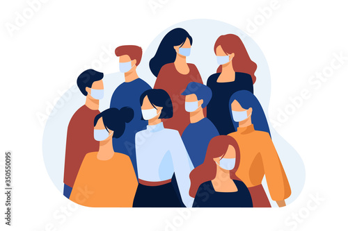 Crowd of people wearing face medical masks outside. Infection spread prevention in society. Vector illustration for coronavirus outbreak, safety, quarantine, disease concept