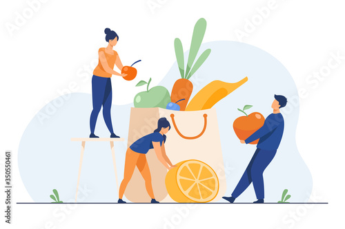 People keeping healthy diet. Man and woman packing paper bag with fresh fruit and vegetables. Vector illustration for organic nutrition, dietitian, vegan or vegetarian food concept