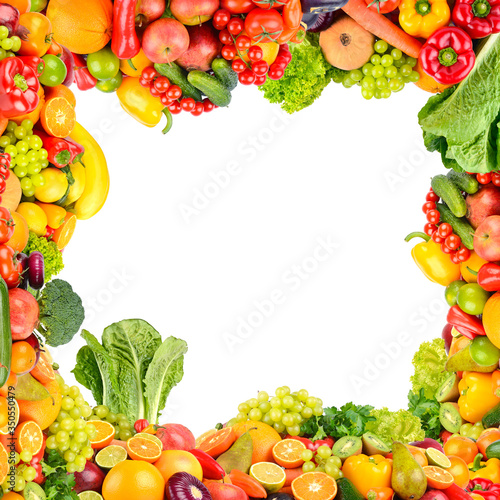 Collage of vegetables and fruits in form of square frame isolated on white