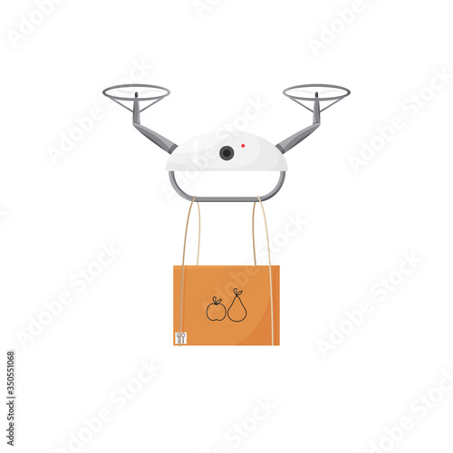 Vector illustration of air delivery in quarantine isolated. White drone delivers cardboard box with food. Flat design of contactless delivery. Non-contact logistic transportation service. Future life