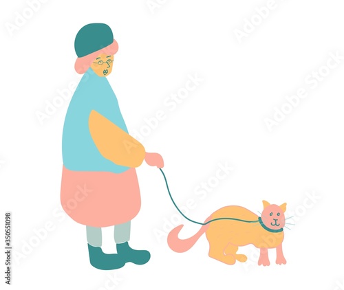 An elderly woman walks with a cat on a white background. Illustration with a people and an animal in flat style in pastel tones: blue, pink, orange. Design for banners, posters, web, social networks.